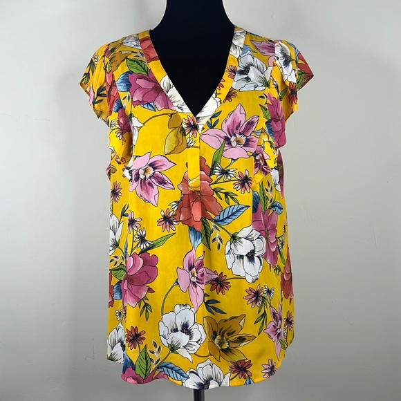 DR2 Yellow Floral Ruffle Short-sleeve Blouse L - Picture 1 of 6